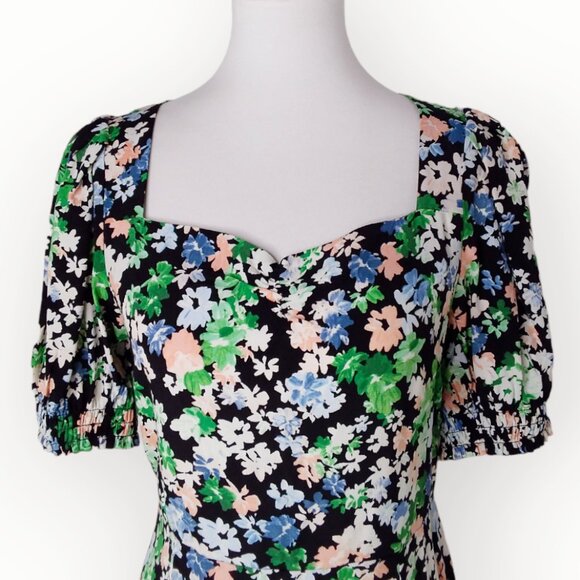 H&M Midi Dress Size Small Black Florals Side Slit Sweetheart Neckline - Picture 5 of 14